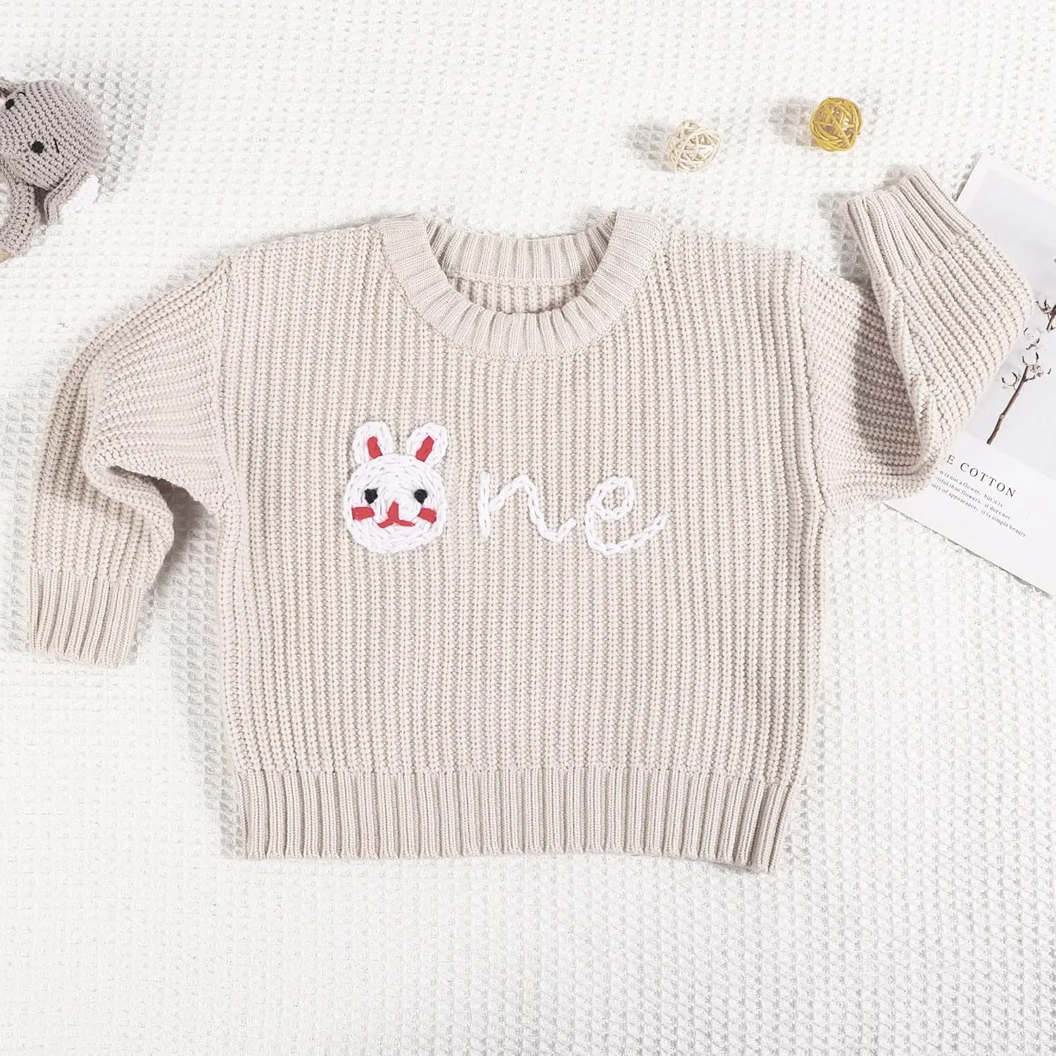 1st First Birthday Outfit Girl Boy One Sweater Embroidery Knit Pullover Fall Winter Clothes with Baby Gift Bag