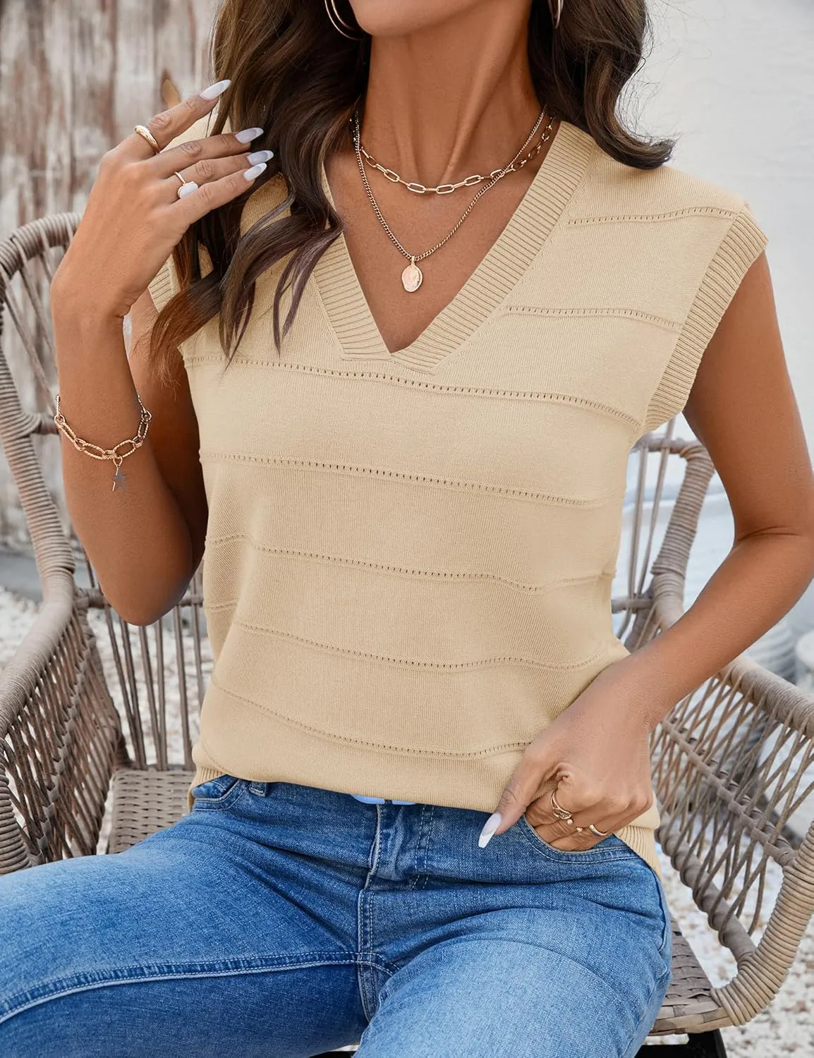 AKEWEI Sweater Vest Women Sleeveless Knitted V Neck Cap Sleeve Pullover Tank Tops 2025 Summer Fall Fashion Causal Trendy