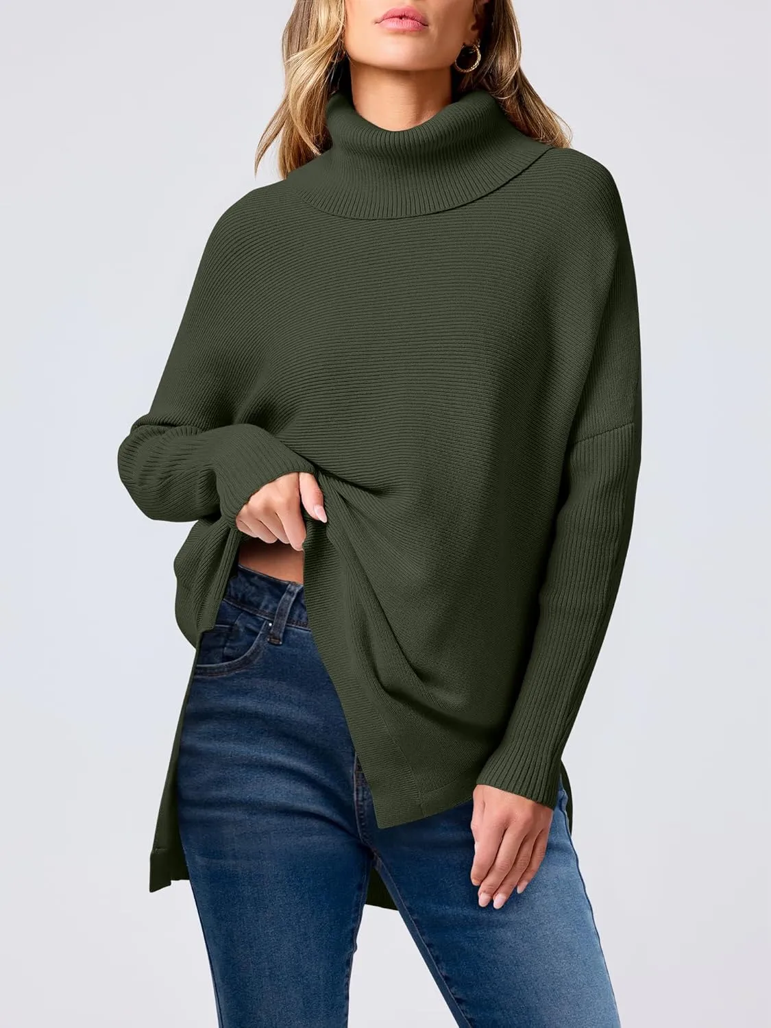 ANRABESS Women's Oversized Turtleneck Batwing Sleeve Spilt Casual Loose Knit Tunic Pullover Sweater Tops 2025 Fall Outfits