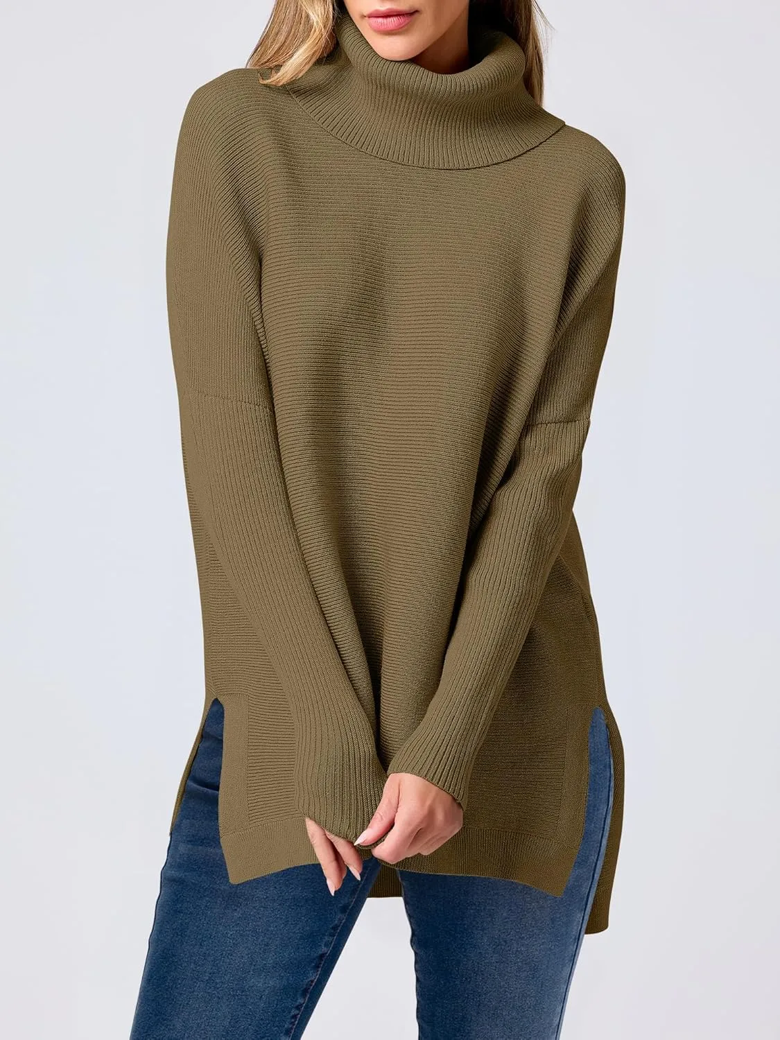 ANRABESS Women's Oversized Turtleneck Batwing Sleeve Spilt Casual Loose Knit Tunic Pullover Sweater Tops 2025 Fall Outfits