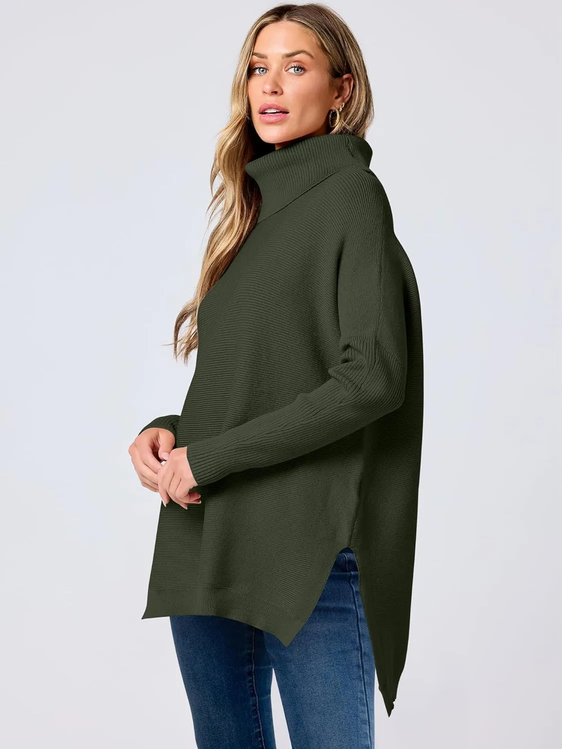 ANRABESS Women's Oversized Turtleneck Batwing Sleeve Spilt Casual Loose Knit Tunic Pullover Sweater Tops 2025 Fall Outfits