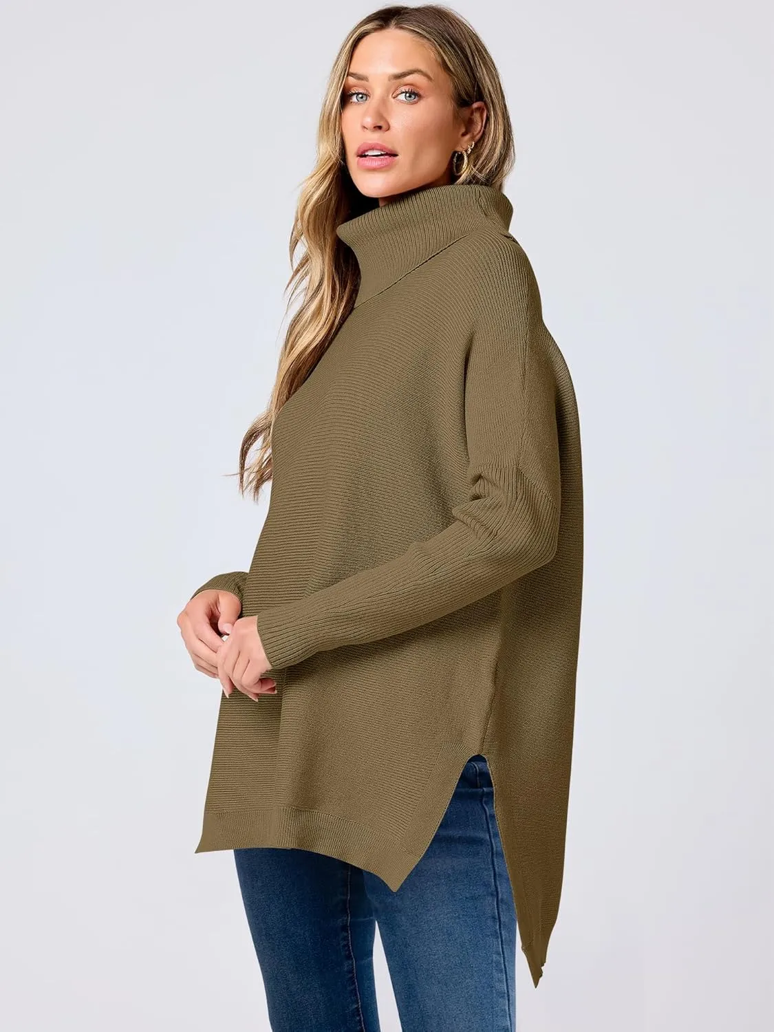 ANRABESS Women's Oversized Turtleneck Batwing Sleeve Spilt Casual Loose Knit Tunic Pullover Sweater Tops 2025 Fall Outfits