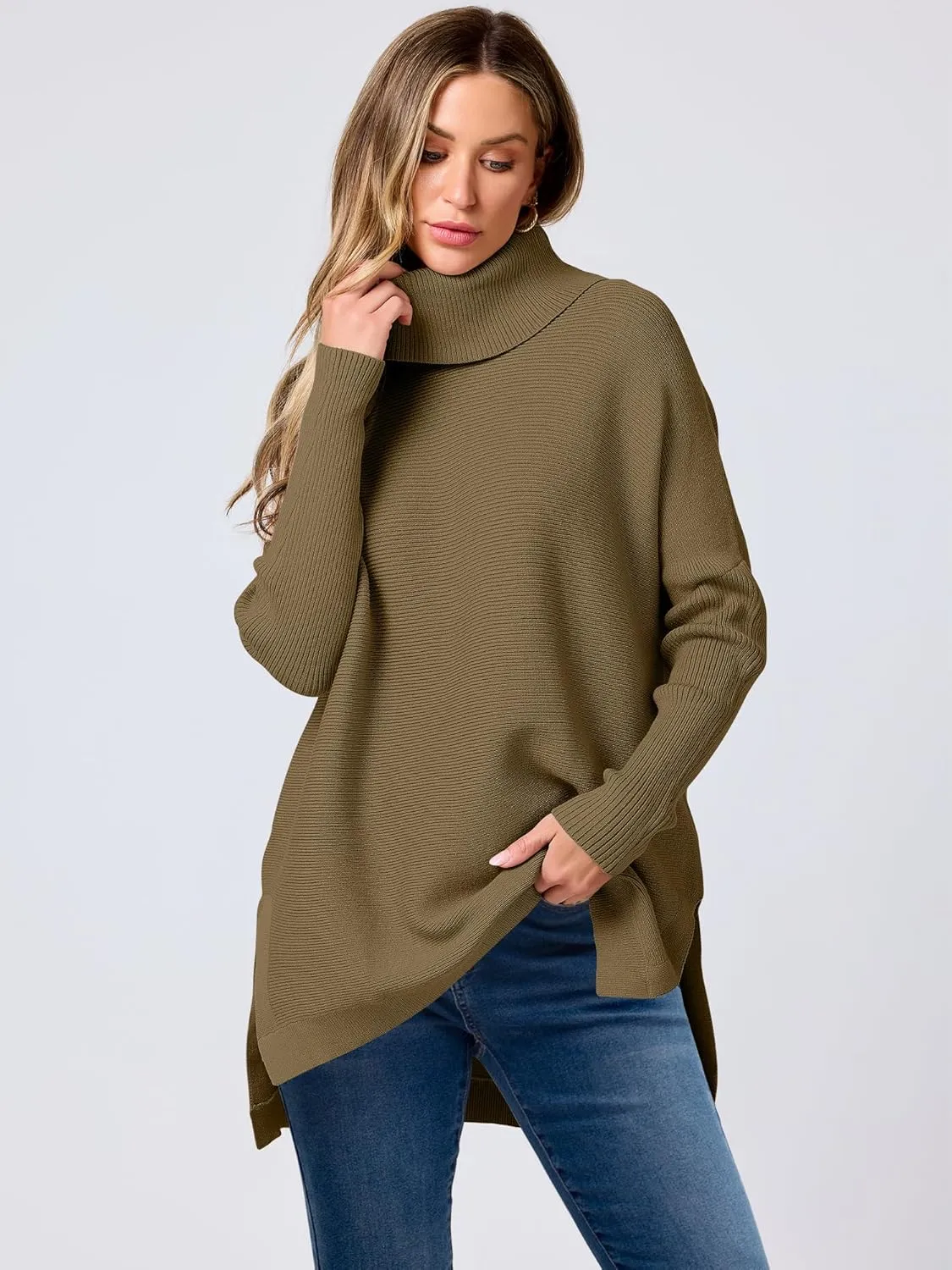 ANRABESS Women's Oversized Turtleneck Batwing Sleeve Spilt Casual Loose Knit Tunic Pullover Sweater Tops 2025 Fall Outfits