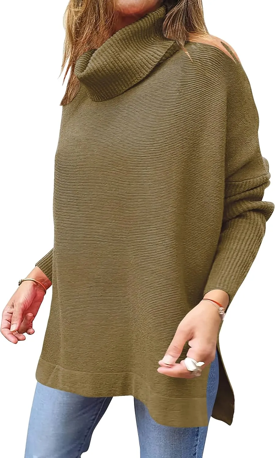 ANRABESS Women's Oversized Turtleneck Batwing Sleeve Spilt Casual Loose Knit Tunic Pullover Sweater Tops 2025 Fall Outfits