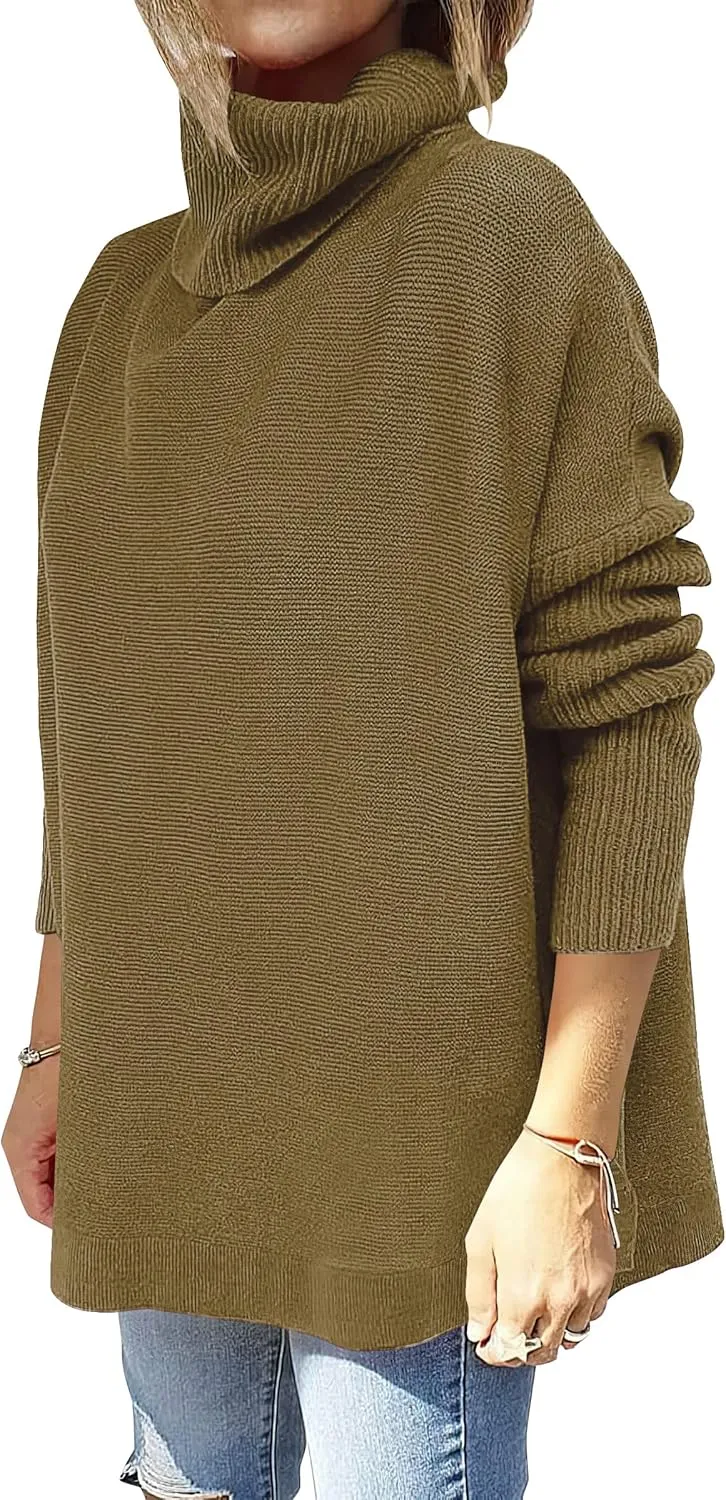 ANRABESS Women's Oversized Turtleneck Batwing Sleeve Spilt Casual Loose Knit Tunic Pullover Sweater Tops 2025 Fall Outfits