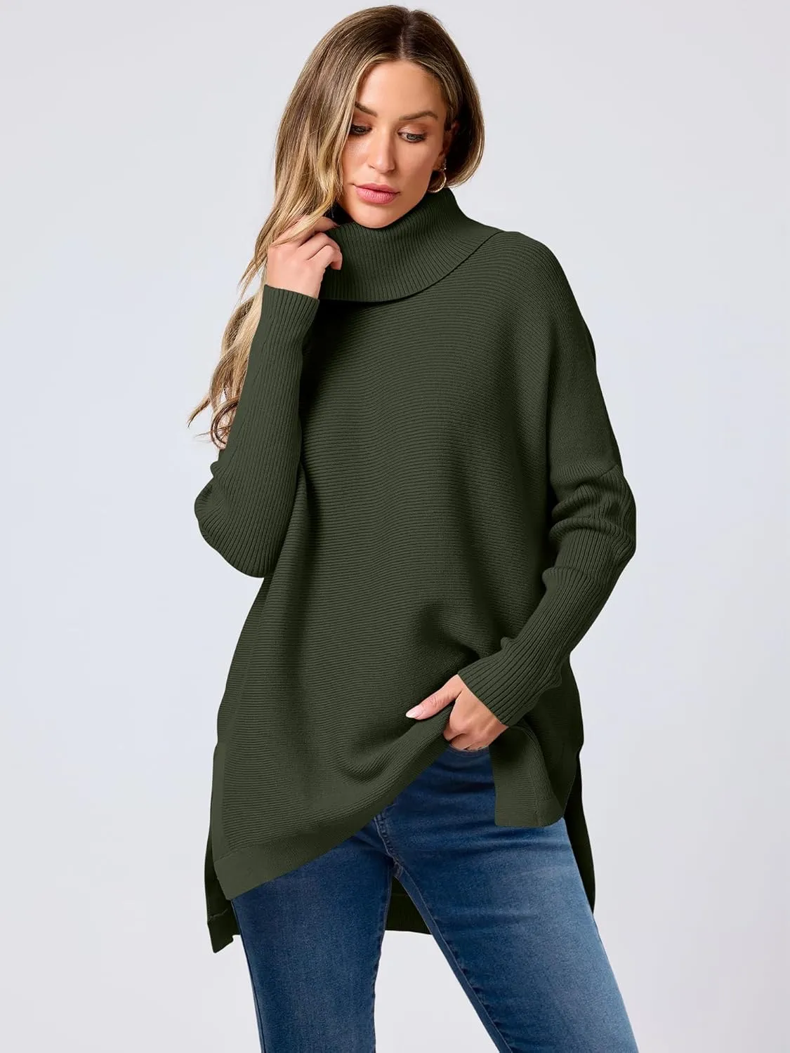 ANRABESS Women's Oversized Turtleneck Batwing Sleeve Spilt Casual Loose Knit Tunic Pullover Sweater Tops 2025 Fall Outfits