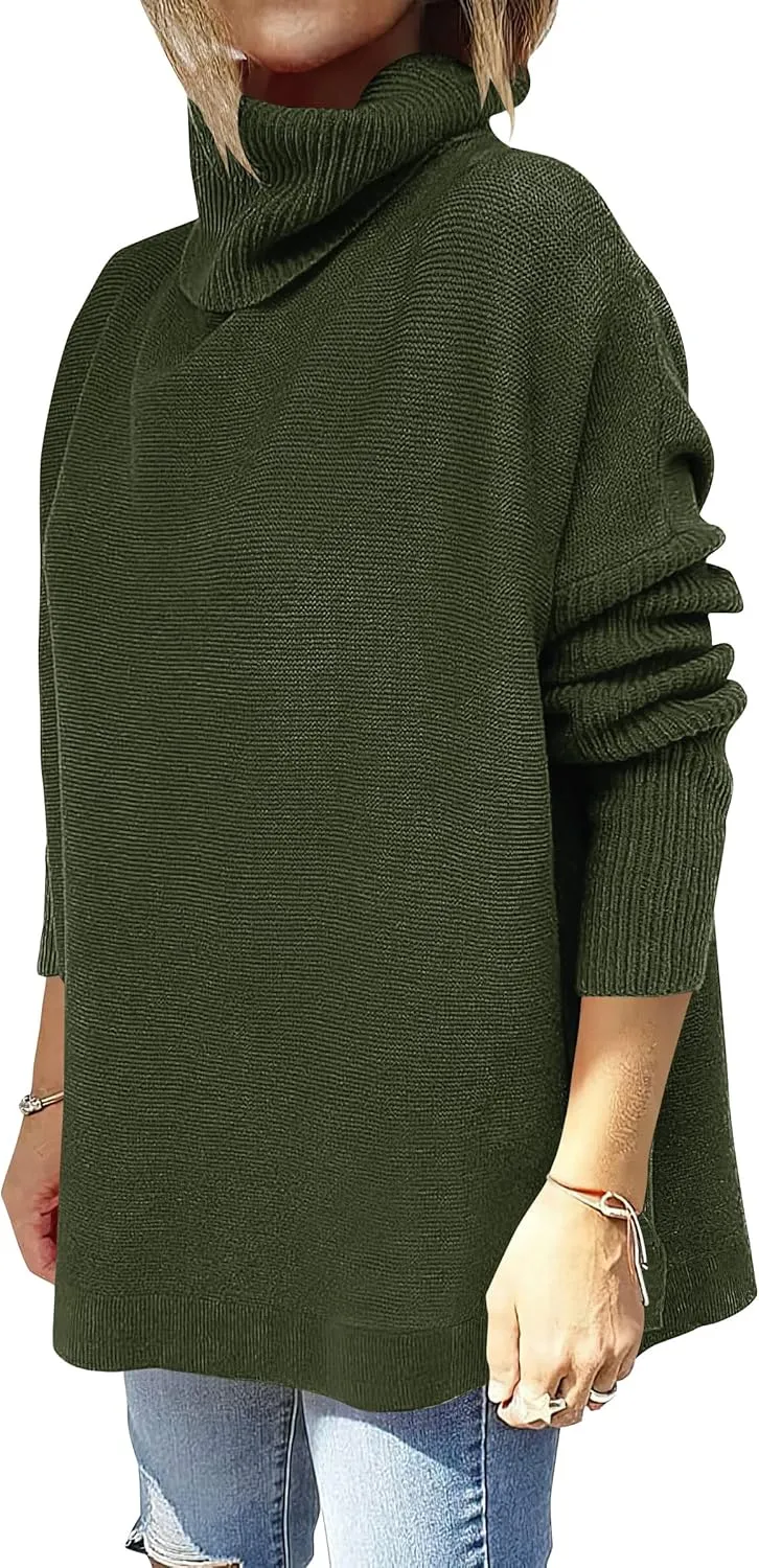 ANRABESS Women's Oversized Turtleneck Batwing Sleeve Spilt Casual Loose Knit Tunic Pullover Sweater Tops 2025 Fall Outfits