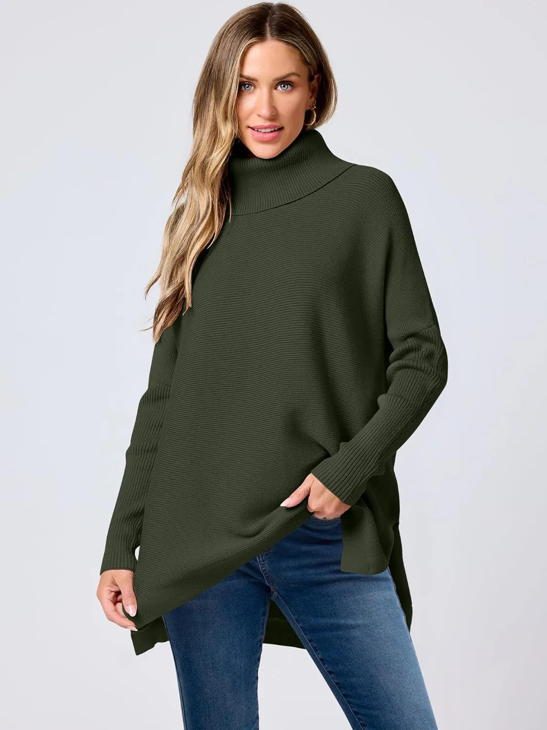 ANRABESS Women's Oversized Turtleneck Batwing Sleeve Spilt Casual Loose Knit Tunic Pullover Sweater Tops 2025 Fall Outfits