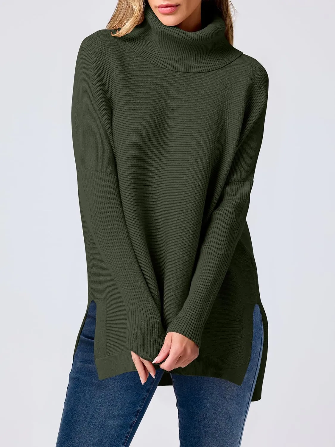 ANRABESS Women's Oversized Turtleneck Batwing Sleeve Spilt Casual Loose Knit Tunic Pullover Sweater Tops 2025 Fall Outfits
