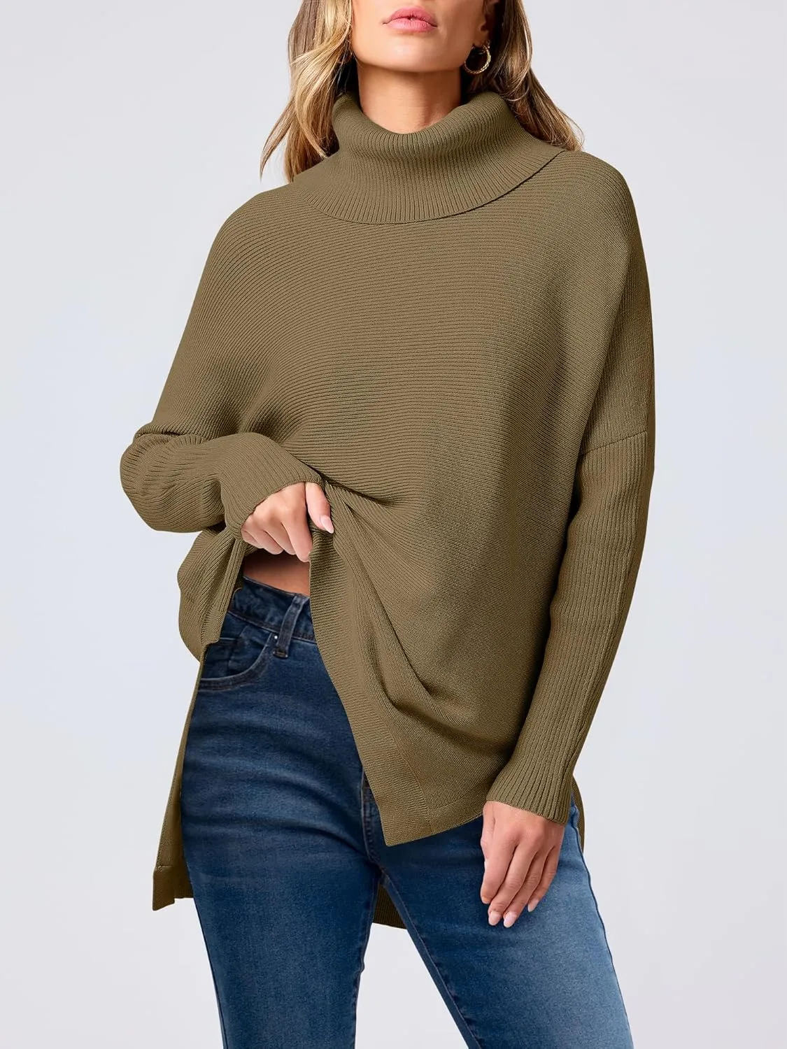 ANRABESS Women's Oversized Turtleneck Batwing Sleeve Spilt Casual Loose Knit Tunic Pullover Sweater Tops 2025 Fall Outfits
