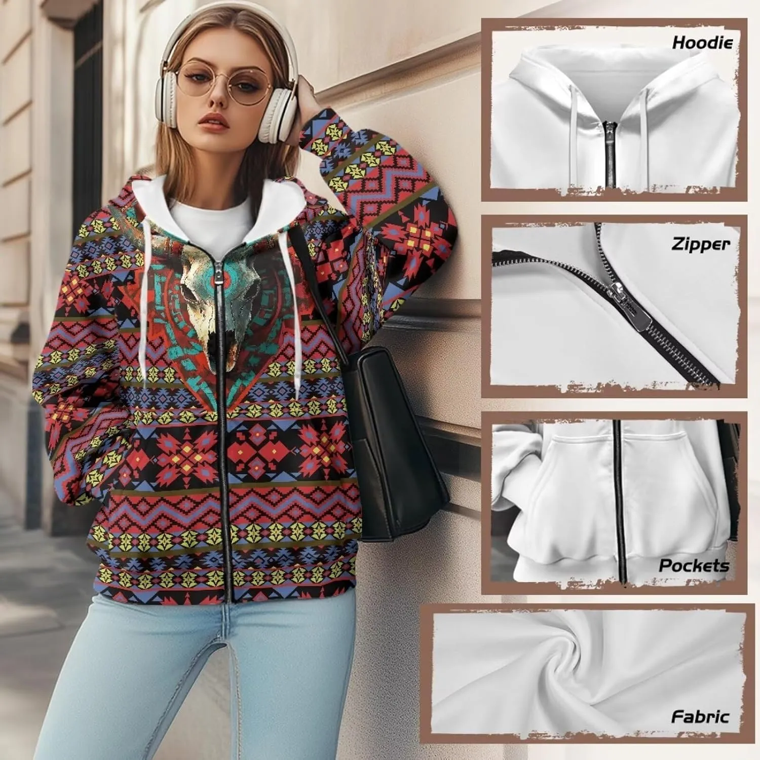 Aztec Zip up Hoodies for Women Western Geometric Print Western Ethnic Style Sweatshirts with Pocket Casual Jacket