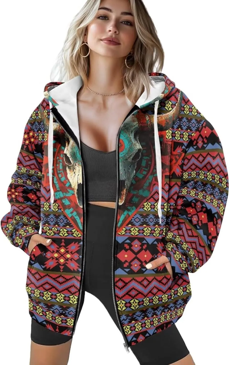 Aztec Zip up Hoodies for Women Western Geometric Print Western Ethnic Style Sweatshirts with Pocket Casual Jacket