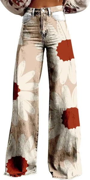 Baggy Flare Pants for Women Wide Leg Bell Bottoms Vintage Floral Print High Waisted Pants Going Out Street Trousers