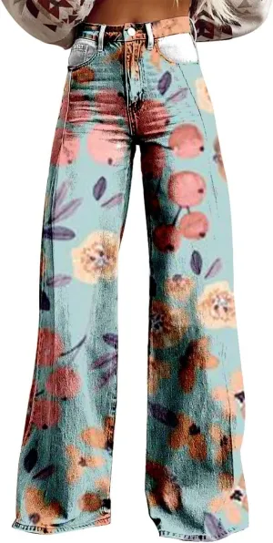 Baggy Flare Pants for Women Wide Leg Bell Bottoms Vintage Floral Print High Waisted Pants Going Out Street Trousers
