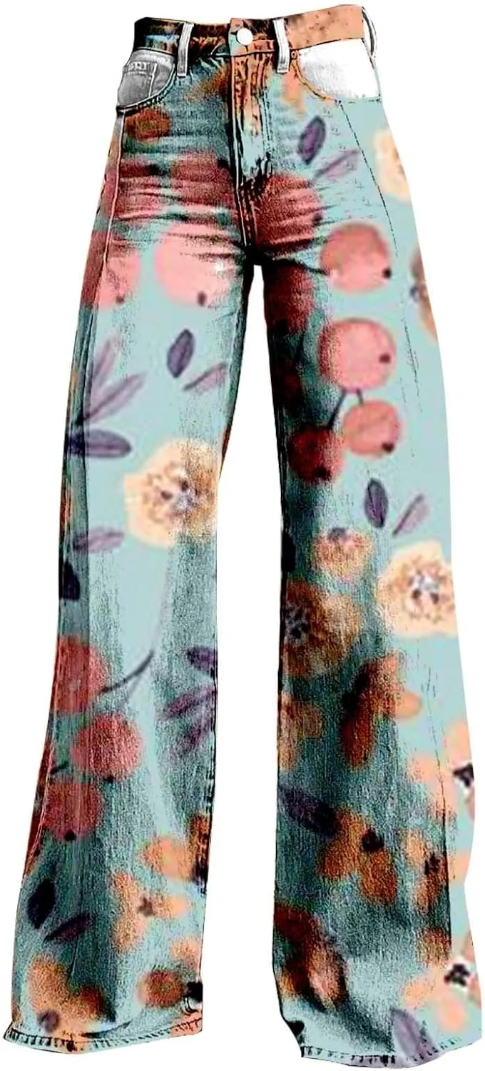Baggy Flare Pants for Women Wide Leg Bell Bottoms Vintage Floral Print High Waisted Pants Going Out Street Trousers