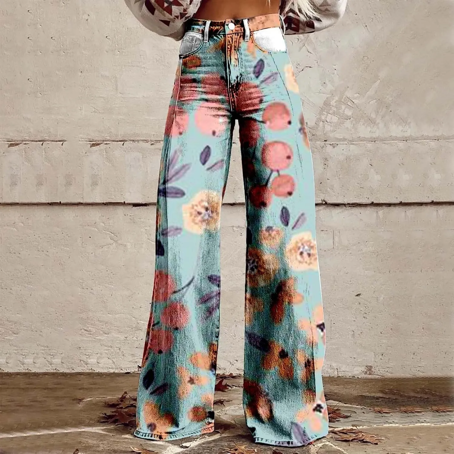 Baggy Flare Pants for Women Wide Leg Bell Bottoms Vintage Floral Print High Waisted Pants Going Out Street Trousers