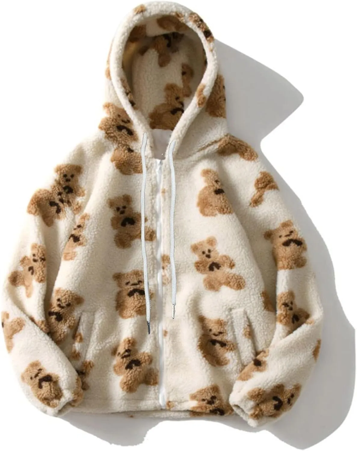 Binmer Oversized Sherpa Jacket for Women Fuzzy Fleece Cute Teddy Bear Print Coat Zip Long Sleeve Hooded Outwear with Pocket