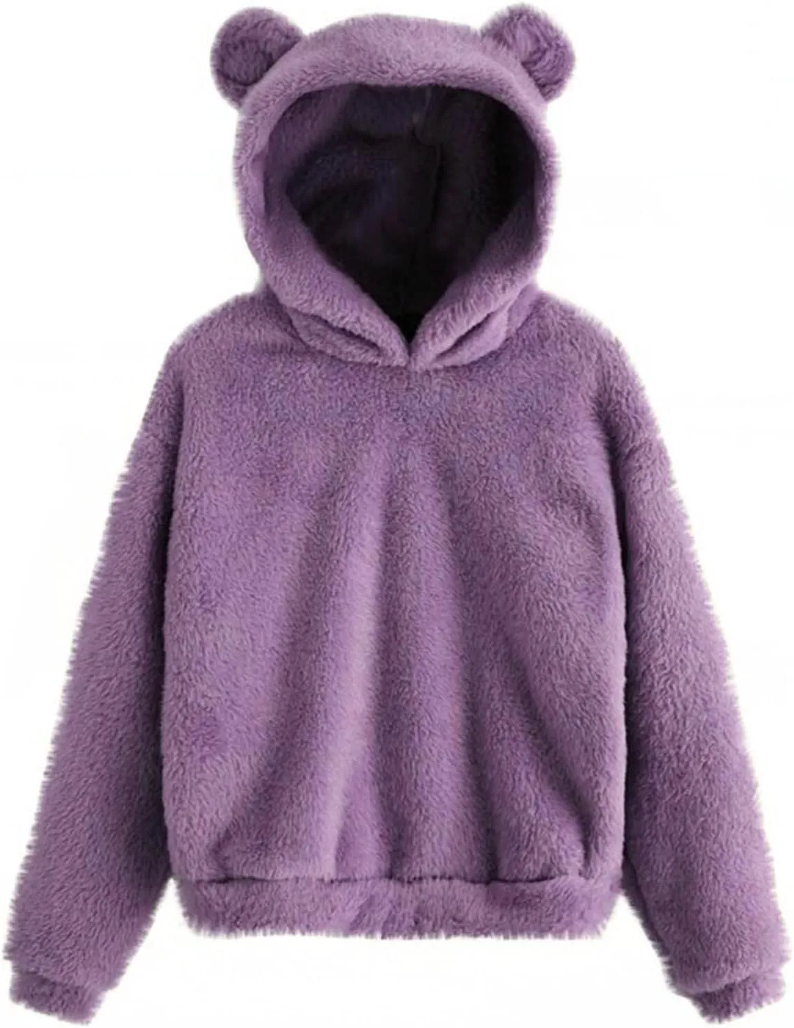 Binmer Oversized Sherpa Jacket for Women Fuzzy Fleece Cute Teddy Bear Print Coat Zip Long Sleeve Hooded Outwear with Pocket