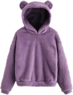 Binmer Oversized Sherpa Jacket for Women Fuzzy Fleece Cute Teddy Bear Print Coat Zip Long Sleeve Hooded Outwear with Pocket