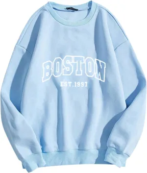Boston Sweatshirts Women Round Neck Letter Graphic Cute Pullover Oversized Casual Hoodie Teen Girls Spring Y2K Clothes