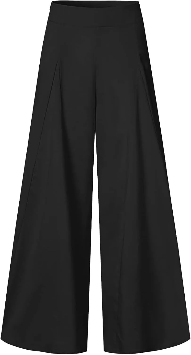 BOXIACEY Wide Leggings for Women Casual Solid Elegant High Waist Pants Stretchy Loose Fit Long Flare Trousers with Pockets