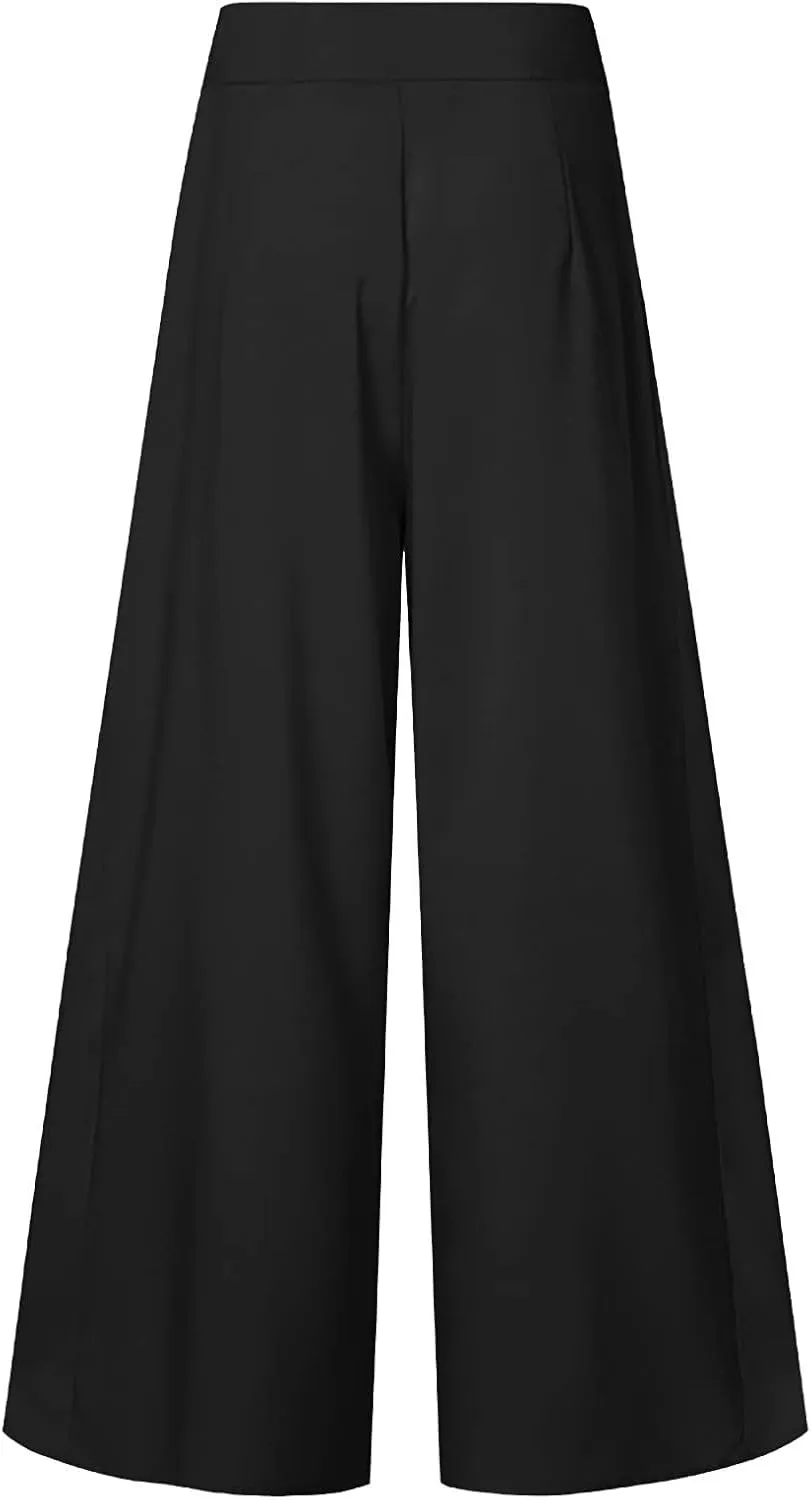 BOXIACEY Wide Leggings for Women Casual Solid Elegant High Waist Pants Stretchy Loose Fit Long Flare Trousers with Pockets
