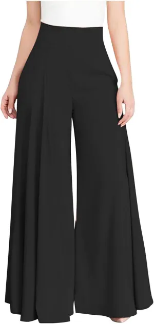 BOXIACEY Wide Leggings for Women Casual Solid Elegant High Waist Pants Stretchy Loose Fit Long Flare Trousers with Pockets