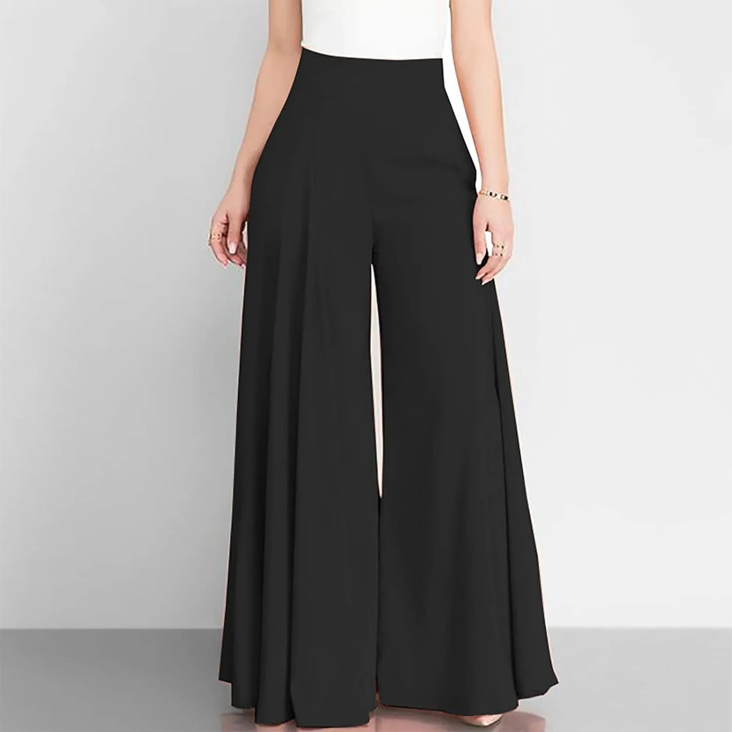BOXIACEY Wide Leggings for Women Casual Solid Elegant High Waist Pants Stretchy Loose Fit Long Flare Trousers with Pockets
