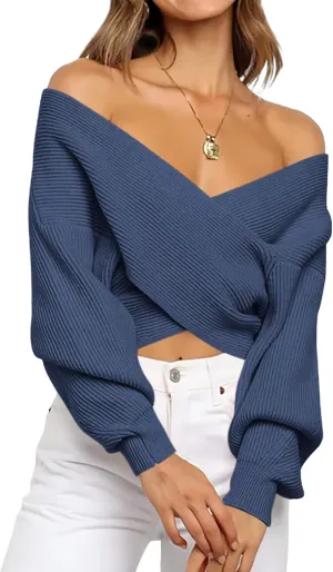 BTFBM Women Casual V Neck Long Sleeve Sweaters Cross Wrap Front Off Shoulder Asymmetric Hem Knitted Crop Solid Pullover