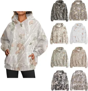Camo Hoodie Womens Y2K Maple Leaf Print Oversized Hooded Sweatshirt Drop Shoulder Fleece Pullover Tops with Pockets