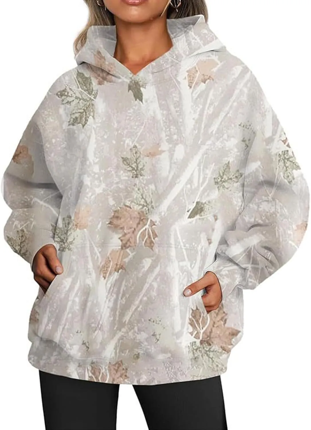 Camo Hoodie Womens Y2K Maple Leaf Print Oversized Hooded Sweatshirt Drop Shoulder Fleece Pullover Tops with Pockets