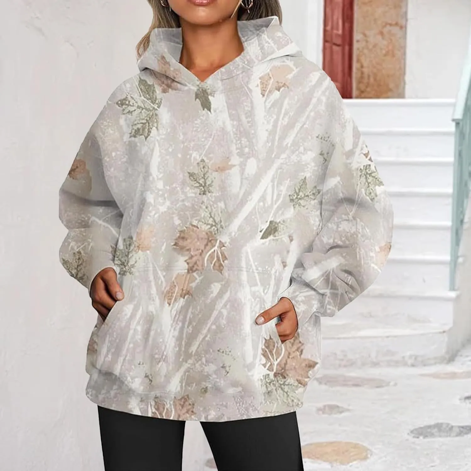 Camo Hoodie Womens Y2K Maple Leaf Print Oversized Hooded Sweatshirt Drop Shoulder Fleece Pullover Tops with Pockets