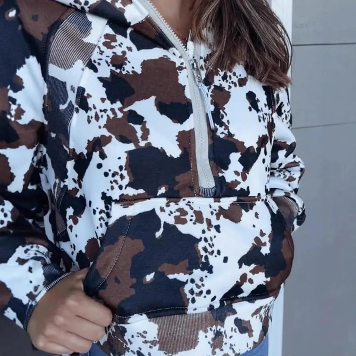 Camo Hoodie Y2k Quarter Zip Pullover Sweater Women Oversized Cute Hoodie Colorful Patchwork Cow Print Hoodies