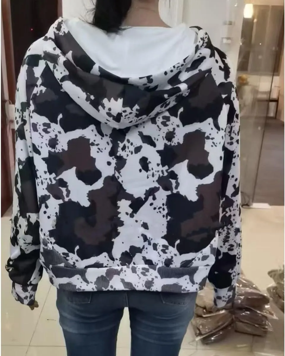 Camo Hoodie Y2k Quarter Zip Pullover Sweater Women Oversized Cute Hoodie Colorful Patchwork Cow Print Hoodies