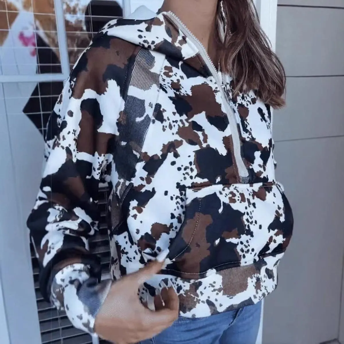Camo Hoodie Y2k Quarter Zip Pullover Sweater Women Oversized Cute Hoodie Colorful Patchwork Cow Print Hoodies
