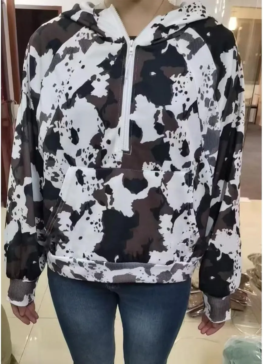 Camo Hoodie Y2k Quarter Zip Pullover Sweater Women Oversized Cute Hoodie Colorful Patchwork Cow Print Hoodies