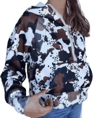 Camo Hoodie Y2k Quarter Zip Pullover Sweater Women Oversized Cute Hoodie Colorful Patchwork Cow Print Hoodies