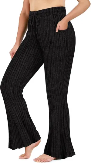 CARCOS Plus Size Pants for Women Ribbed Knit Flare Pants High Waist Lounge Pants Drawstring Wide Leg Trousers with Pockets