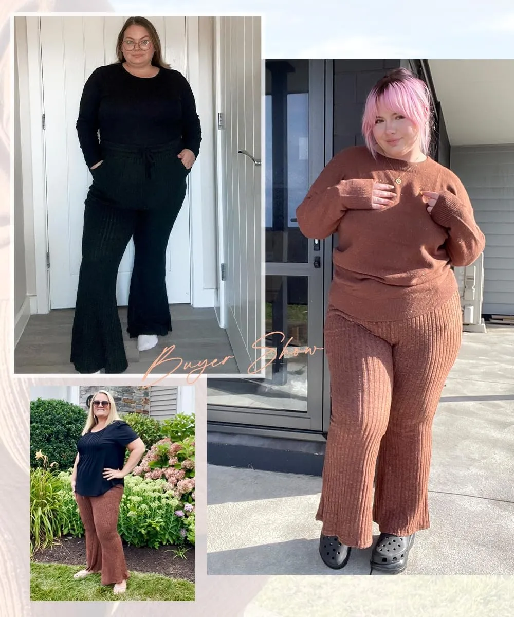 CARCOS Plus Size Pants for Women Ribbed Knit Flare Pants High Waist Lounge Pants Drawstring Wide Leg Trousers with Pockets