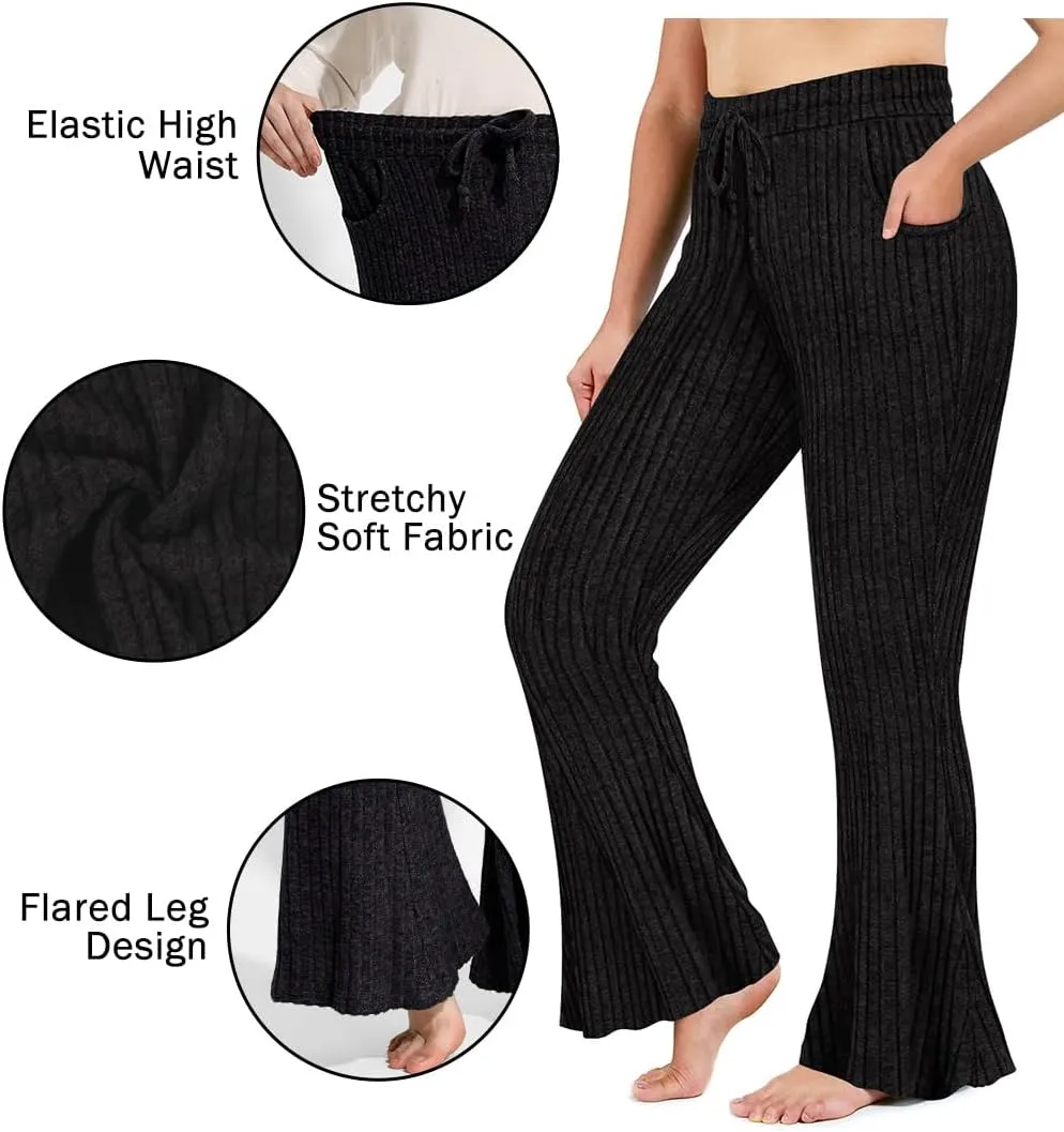 CARCOS Plus Size Pants for Women Ribbed Knit Flare Pants High Waist Lounge Pants Drawstring Wide Leg Trousers with Pockets