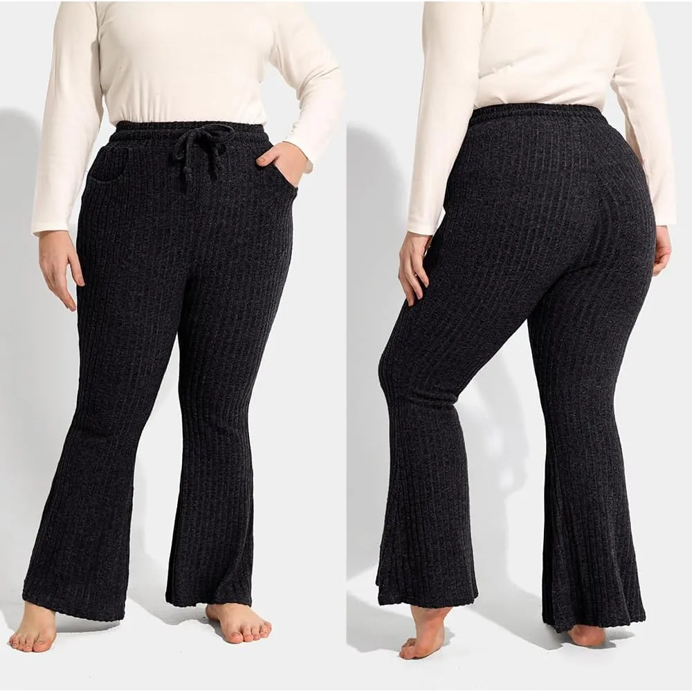 CARCOS Plus Size Pants for Women Ribbed Knit Flare Pants High Waist Lounge Pants Drawstring Wide Leg Trousers with Pockets