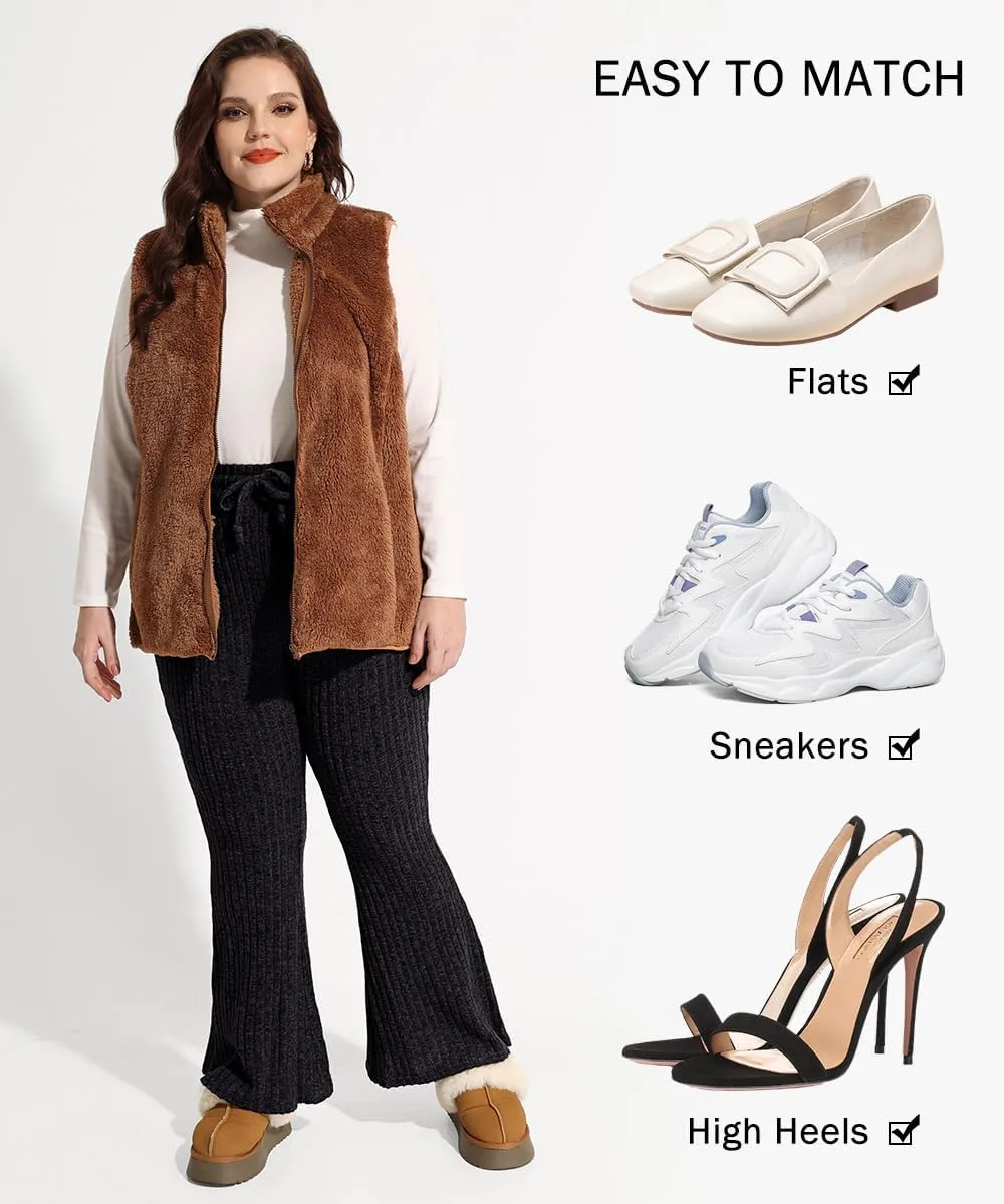 CARCOS Plus Size Pants for Women Ribbed Knit Flare Pants High Waist Lounge Pants Drawstring Wide Leg Trousers with Pockets