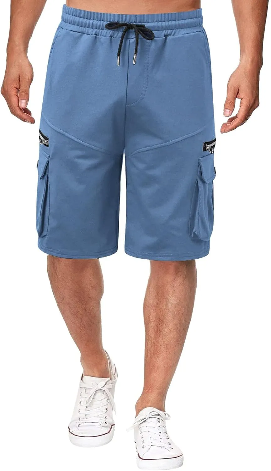 Cargo Shorts for Men Loose Fit Elastic Waist Drawstring Casual Work Shorts with Multi Pockets Twill Outdoor Hiking Shorts
