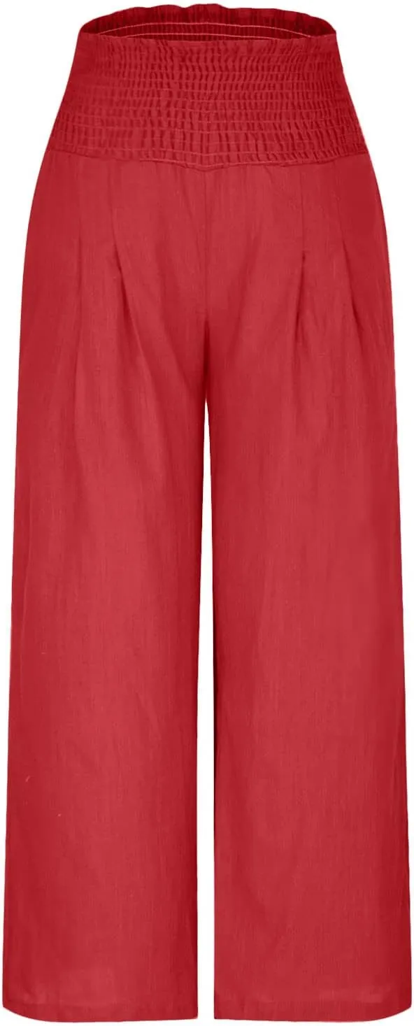 Casual Linen Wide Leg Pants for Women Smocked High Waisted Palazzo Pant Loose Baggy Elastic Waist Trousers