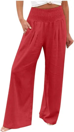 Casual Linen Wide Leg Pants for Women Smocked High Waisted Palazzo Pant Loose Baggy Elastic Waist Trousers