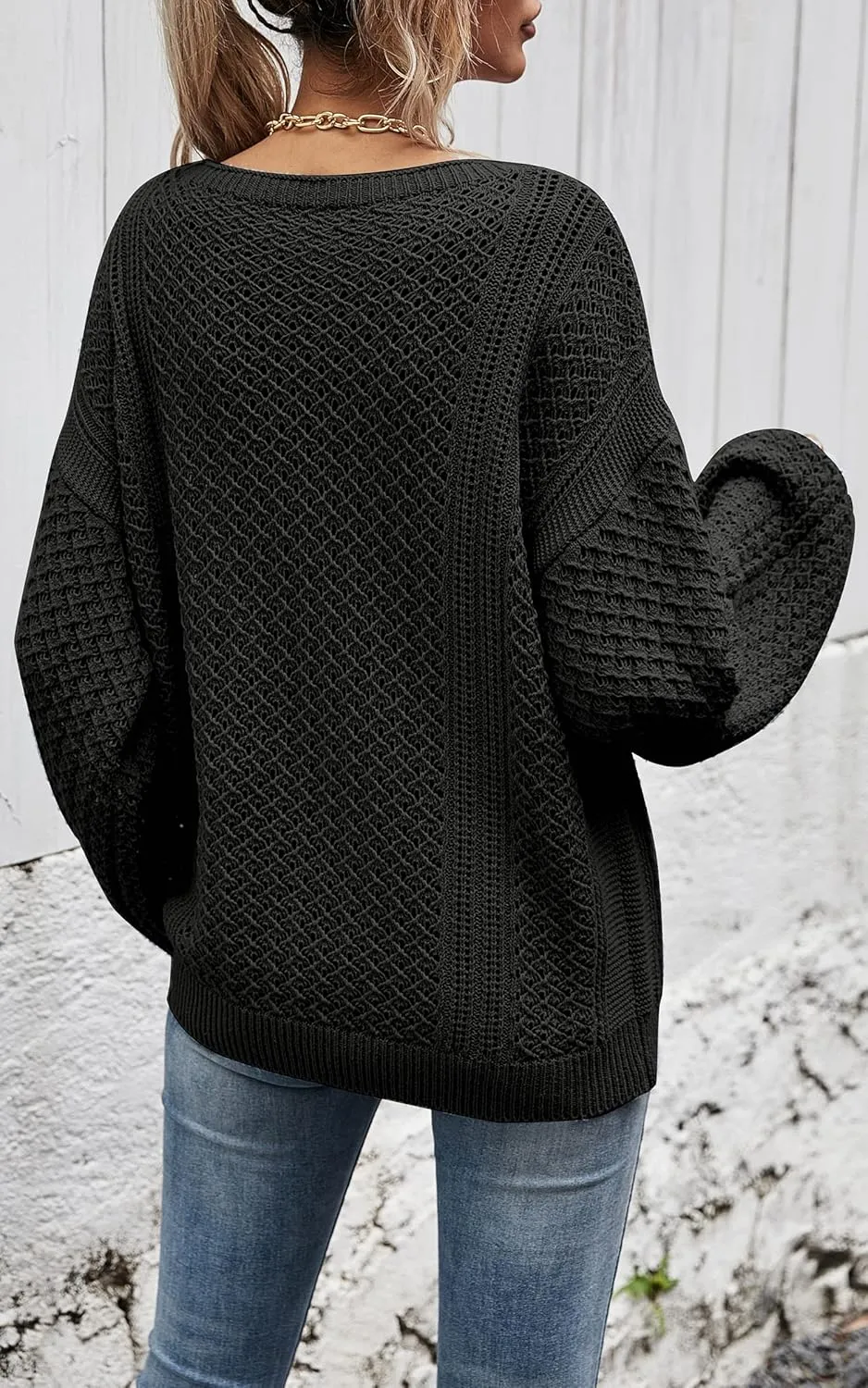 CCTOO Women's Sweaters Casual Oversized V Neck Off Shoulder Sexy Crochet Sweater Batwing Sleeve Pullover Loose Tops
