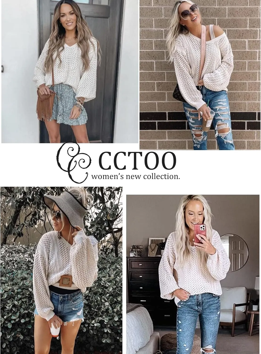 CCTOO Women's Sweaters Casual Oversized V Neck Off Shoulder Sexy Crochet Sweater Batwing Sleeve Pullover Loose Tops