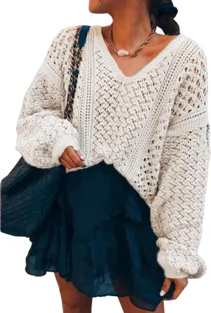 CCTOO Women's Sweaters Casual Oversized V Neck Off Shoulder Sexy Crochet Sweater Batwing Sleeve Pullover Loose Tops