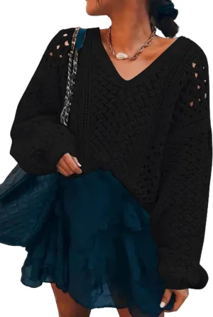 CCTOO Women's Sweaters Casual Oversized V Neck Off Shoulder Sexy Crochet Sweater Batwing Sleeve Pullover Loose Tops