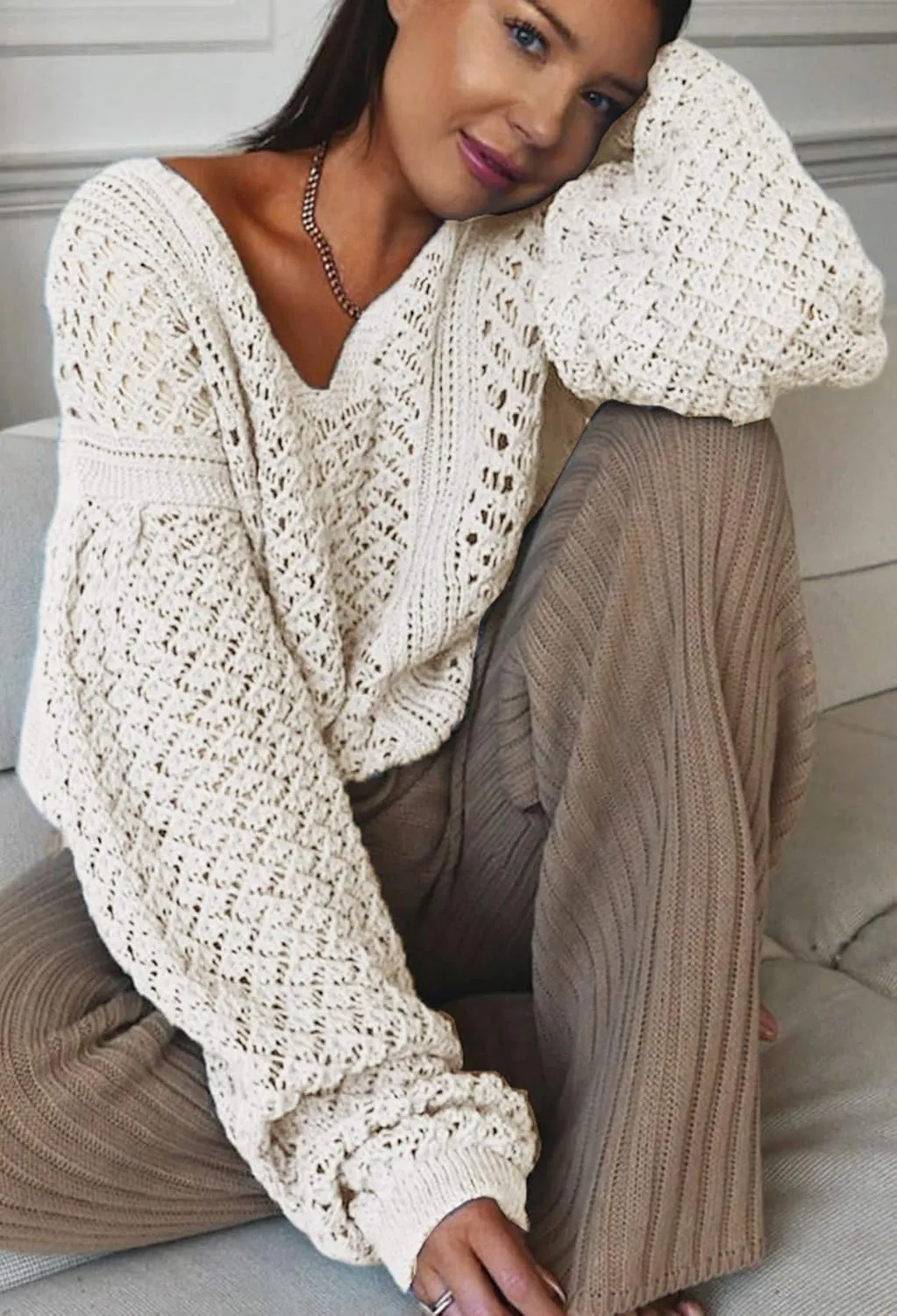 CCTOO Women's Sweaters Casual Oversized V Neck Off Shoulder Sexy Crochet Sweater Batwing Sleeve Pullover Loose Tops